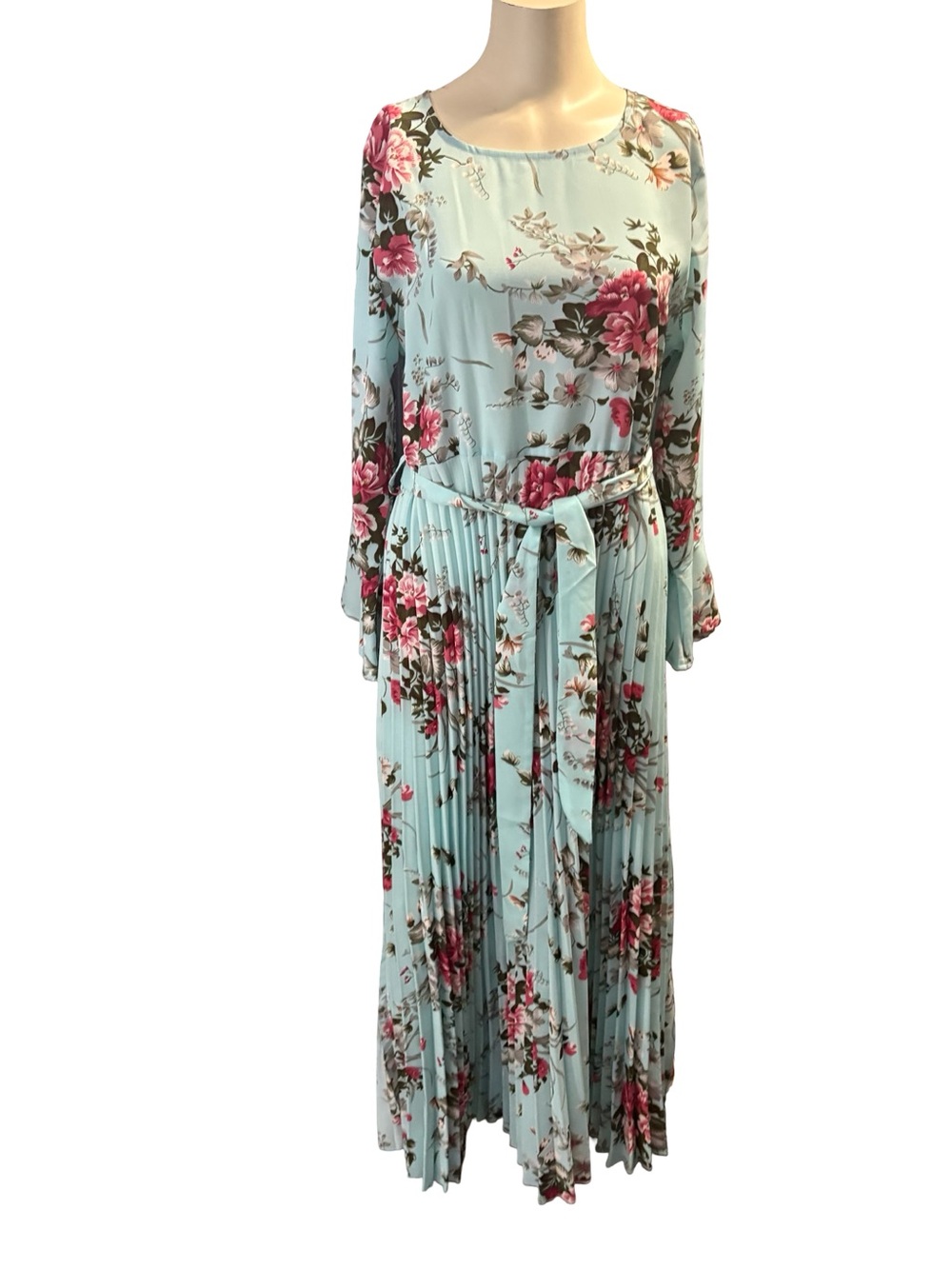 Nina Leonard Light Blue Floral Pleated Maxi Dress